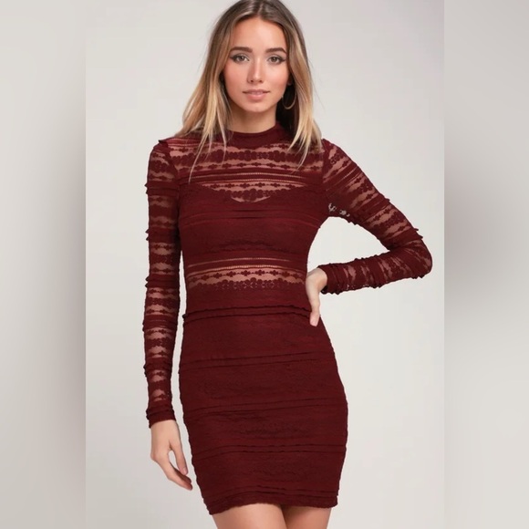 LUSH Reece Burgundy Lace Long Sleeve Bodycon Dress size XS - Picture 2 of 5